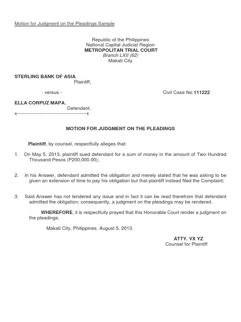 Motion for judgment on the pleadings sample pdf pleading lawsuit