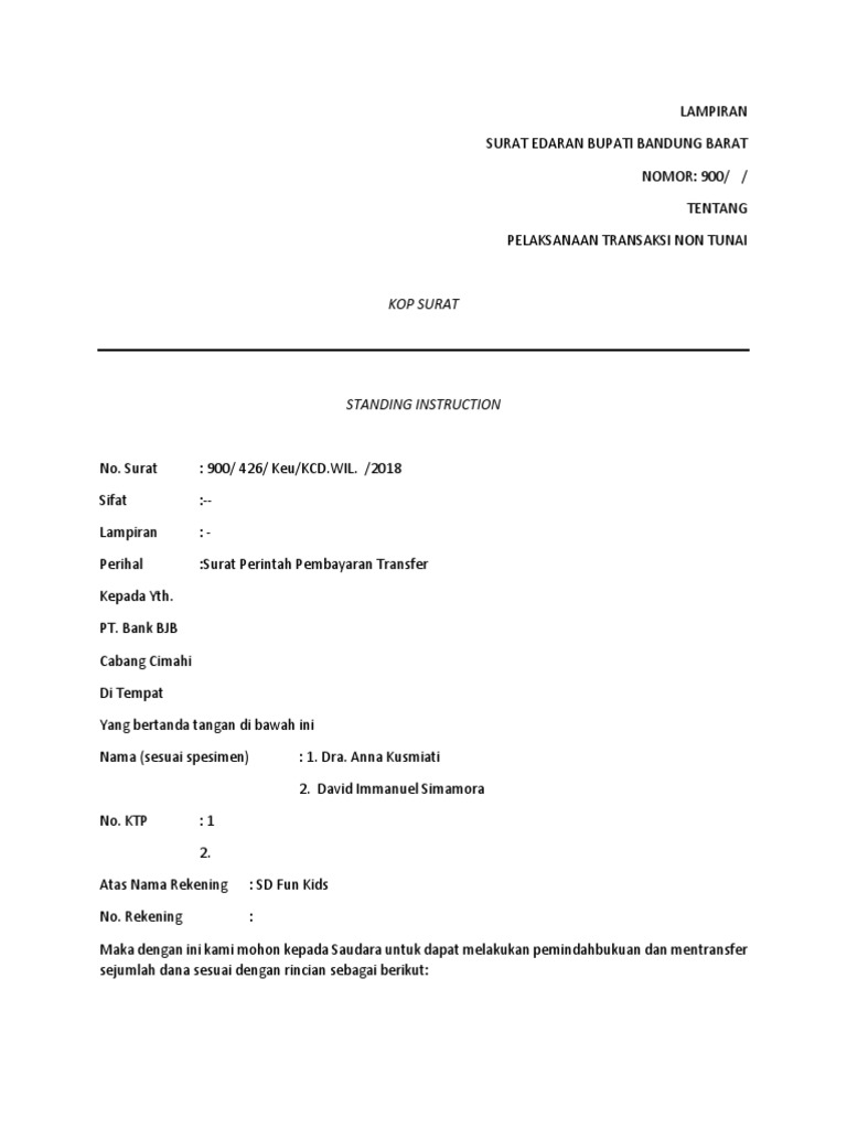 Contoh Surat Standing Instruction Bank BJB | PDF