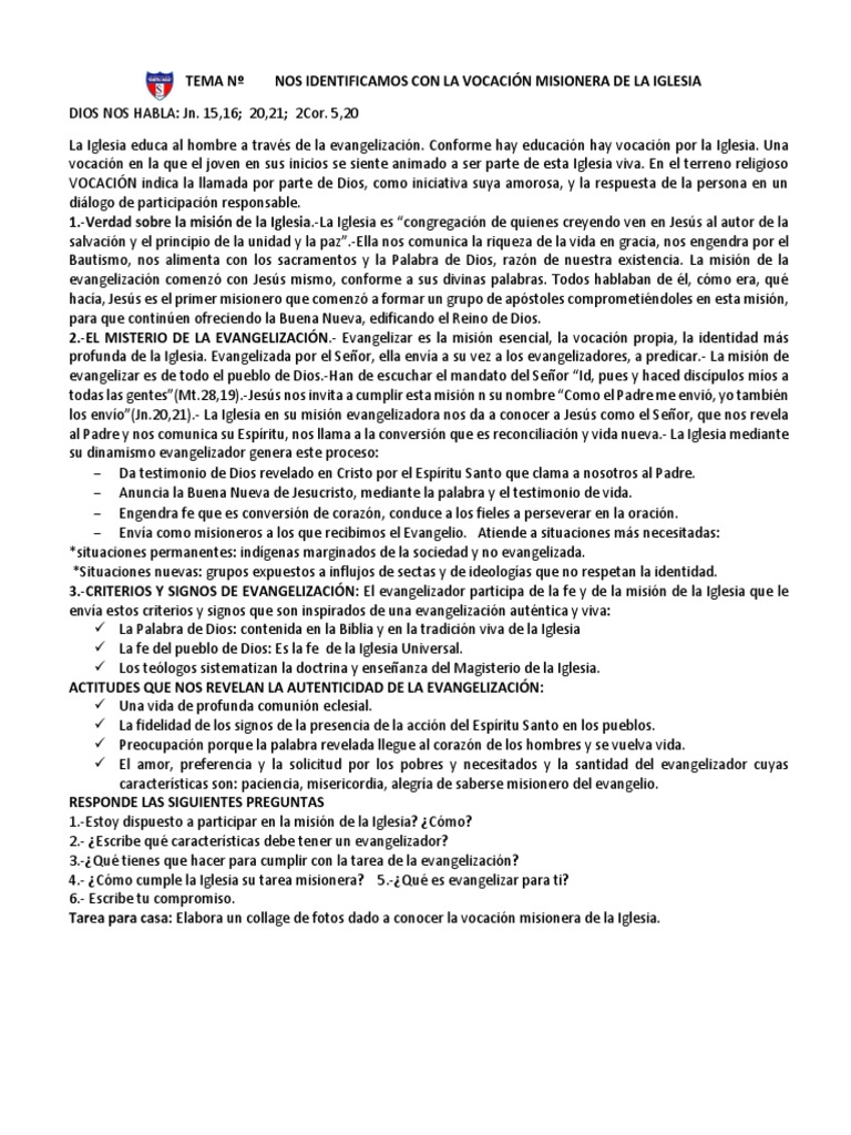 Tema #Nos Identificamos Con La Vocación Misionera de La Iglesia | PDF ...