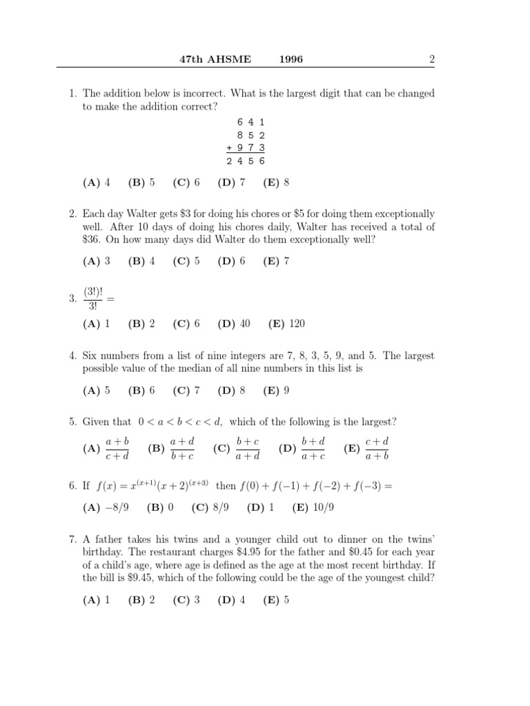 1996 AHSME Problem Set Overview | PDF | Triangle | Area