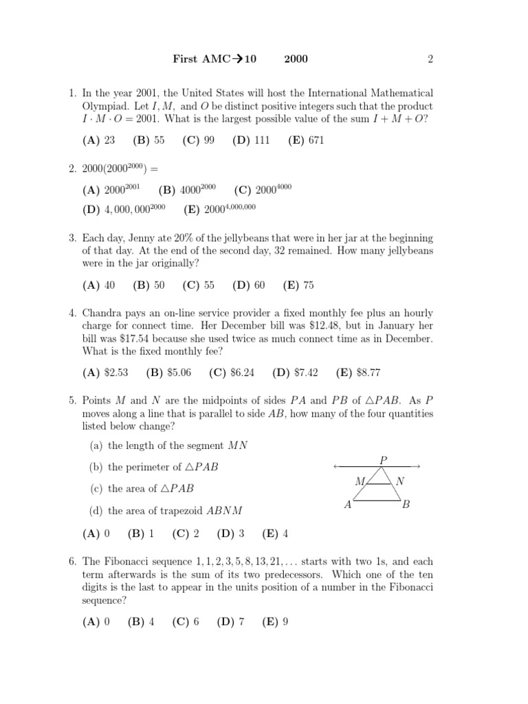 2000 AMC 10 Problems PDF Elementary Mathematics Geometry