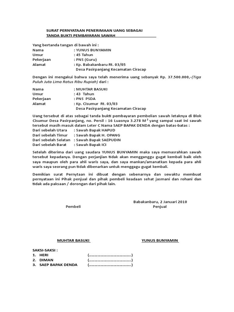 Surat Pernyataan Penerimaan Uang Sebagai Pdf