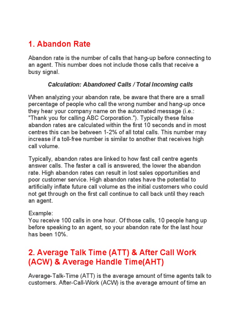 Abandon Rate Calculation Abandoned Calls / Total Calls PDF
