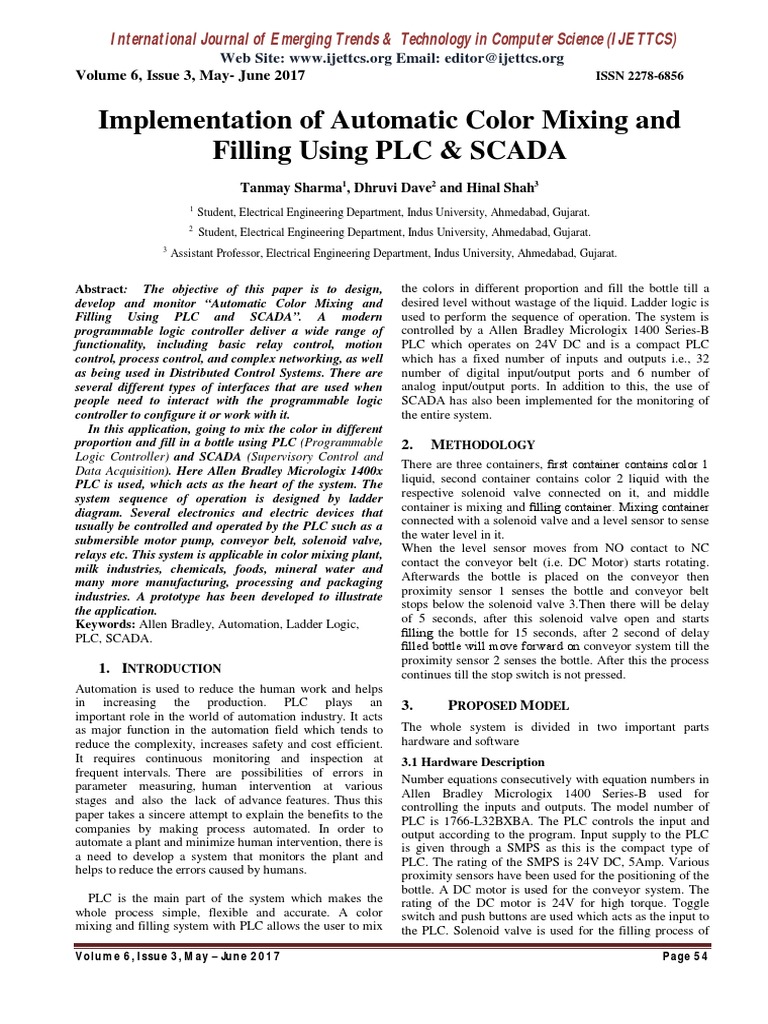 Implementation of Automatic Color Mixing and Filling Using PLC & SCADA