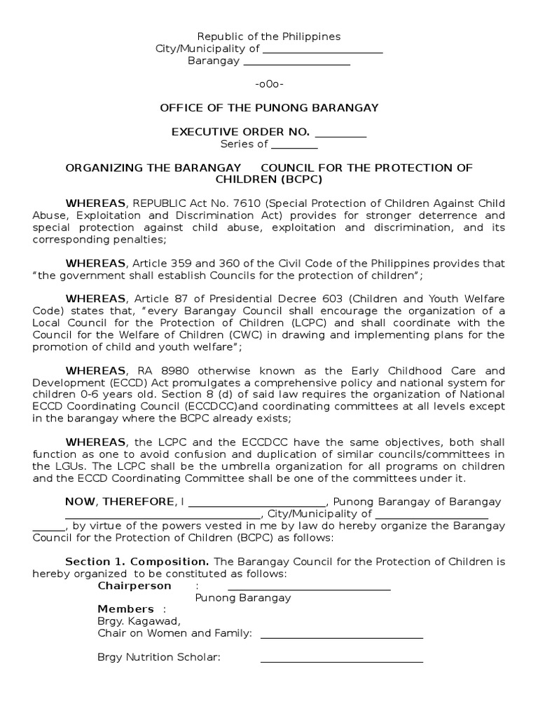 Executive Order Barangay Council for the Protection of Children BCPC