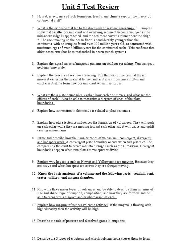 Unit 5 Test Review Sheet Plate Tectonics Volcanoes