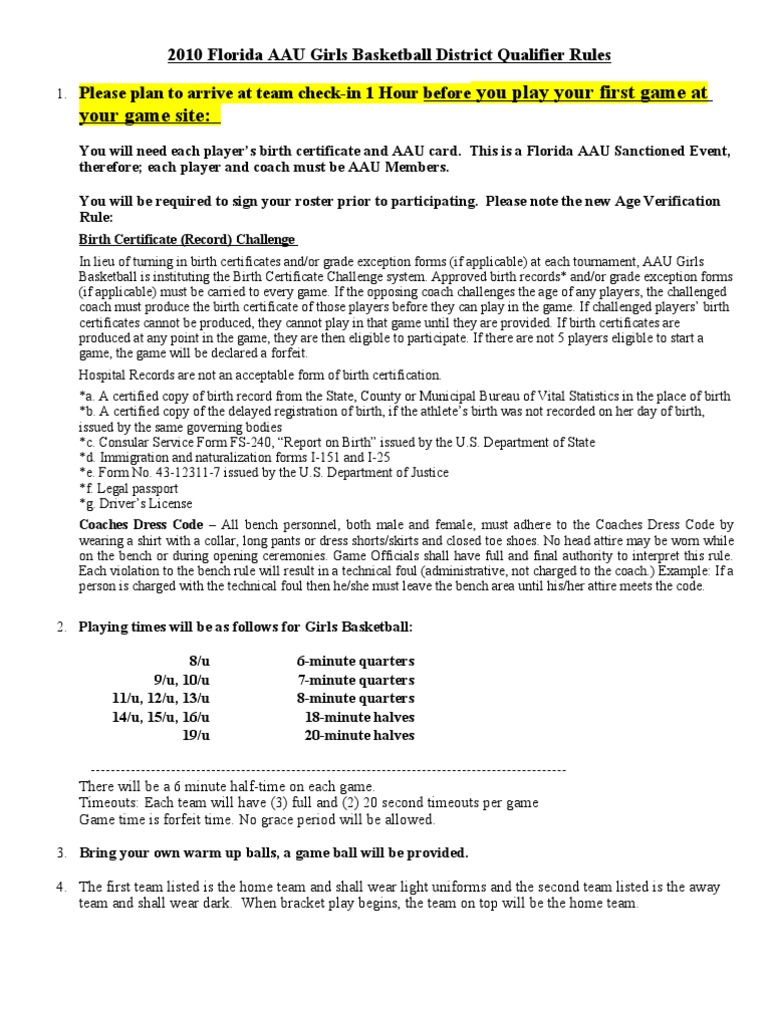 Florida AAU Girls Basketball Rules | PDF