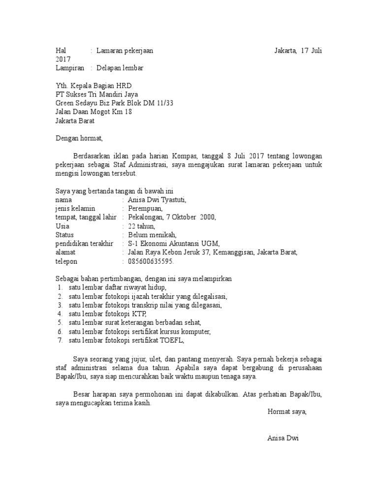16 Contoh Surat Lamaran Kerja