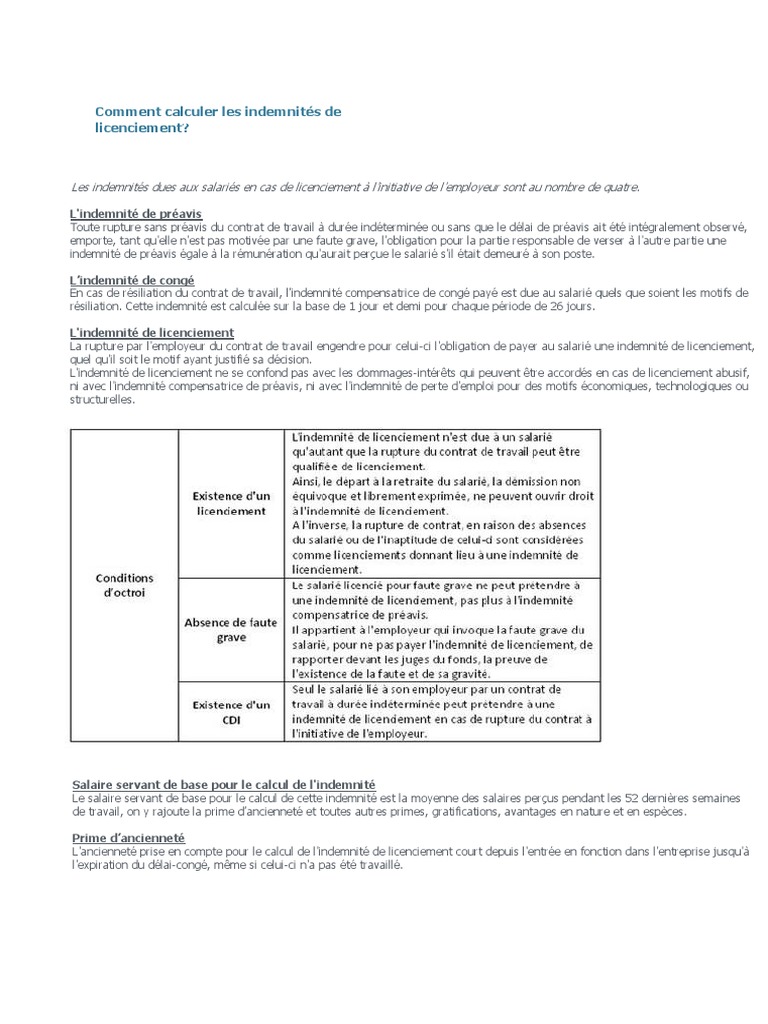Le Calcul Indemnité de Licenciement PDF | PDF