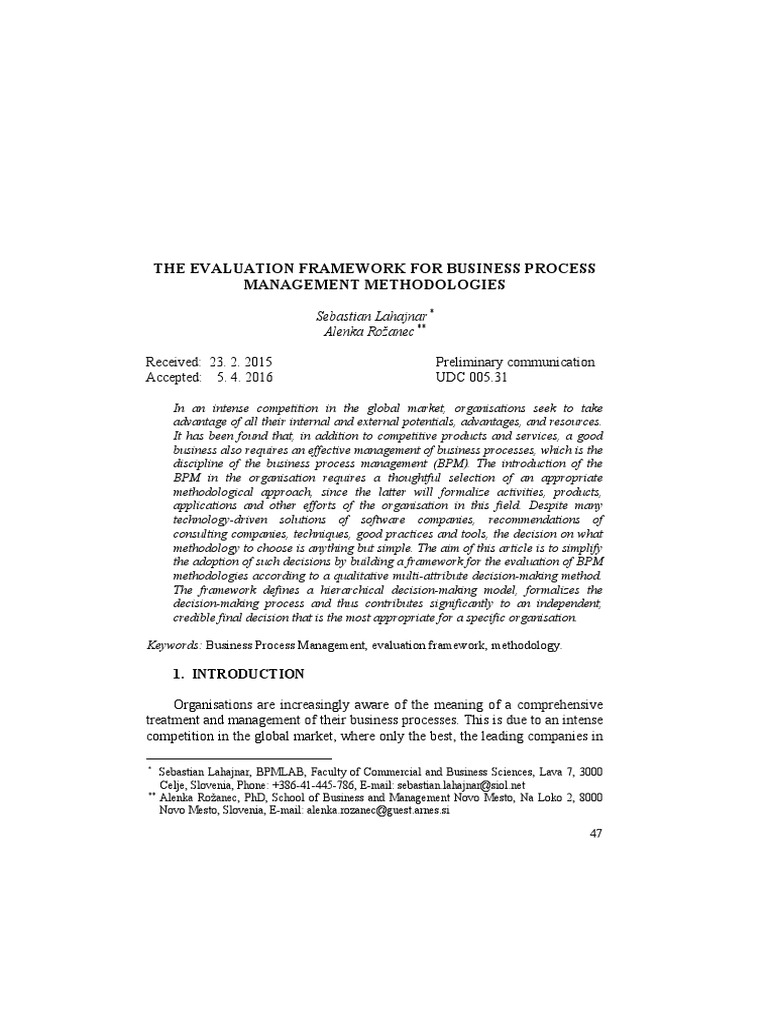 Evaluating BPM Methodologies Framework | PDF | Business Process ...