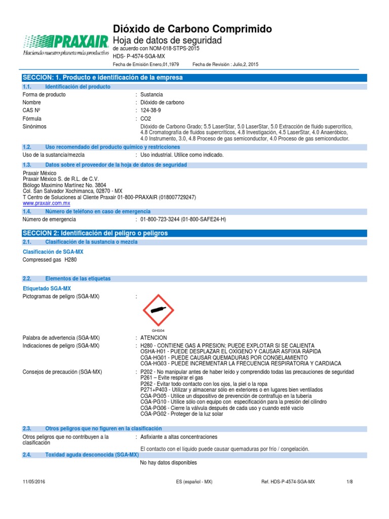 Bioxido de Carbono Praxair PDF Gases Dióxido de carbono