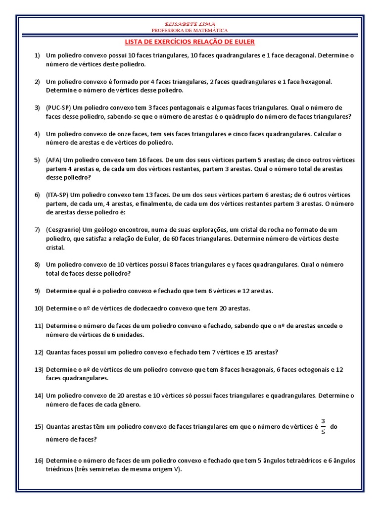 Lista de Exercícios Relação de Euler | Vértice (Teoria dos Gráficos ...