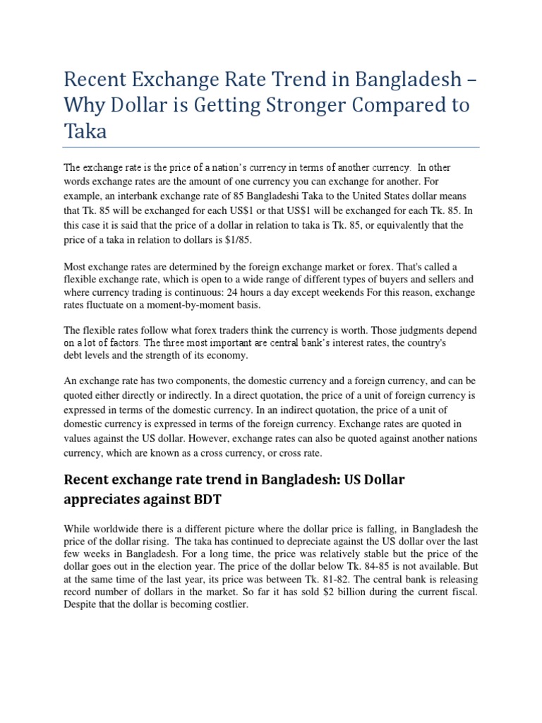 Recent Exchange Rate Trend In Bangladesh Docx Exchange Rate - 