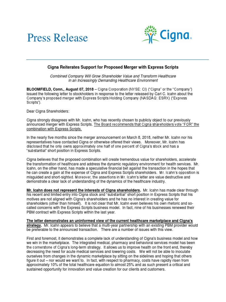 Cigna Reiterates Support For Proposed Merger With Express Scripts | PDF ...