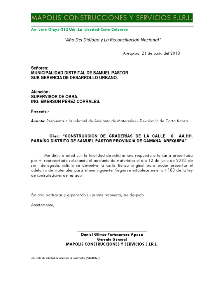 Carta De Devolucion De Carta Fianza