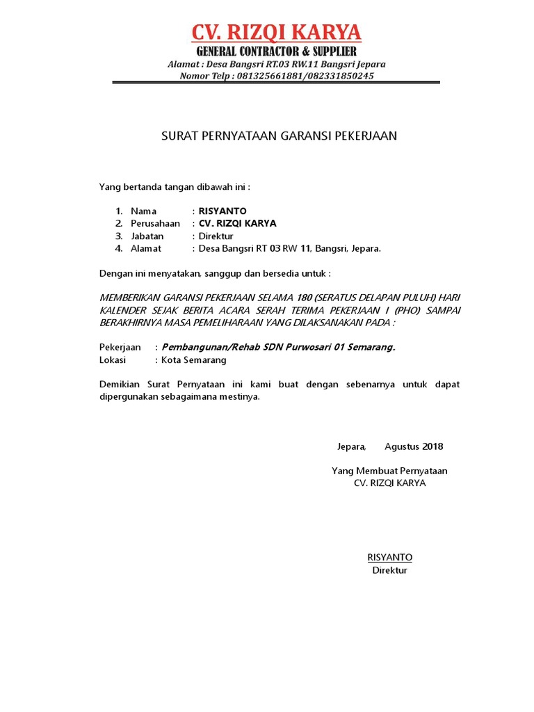 Surat Pernyataan Garansi Pekerjaan
