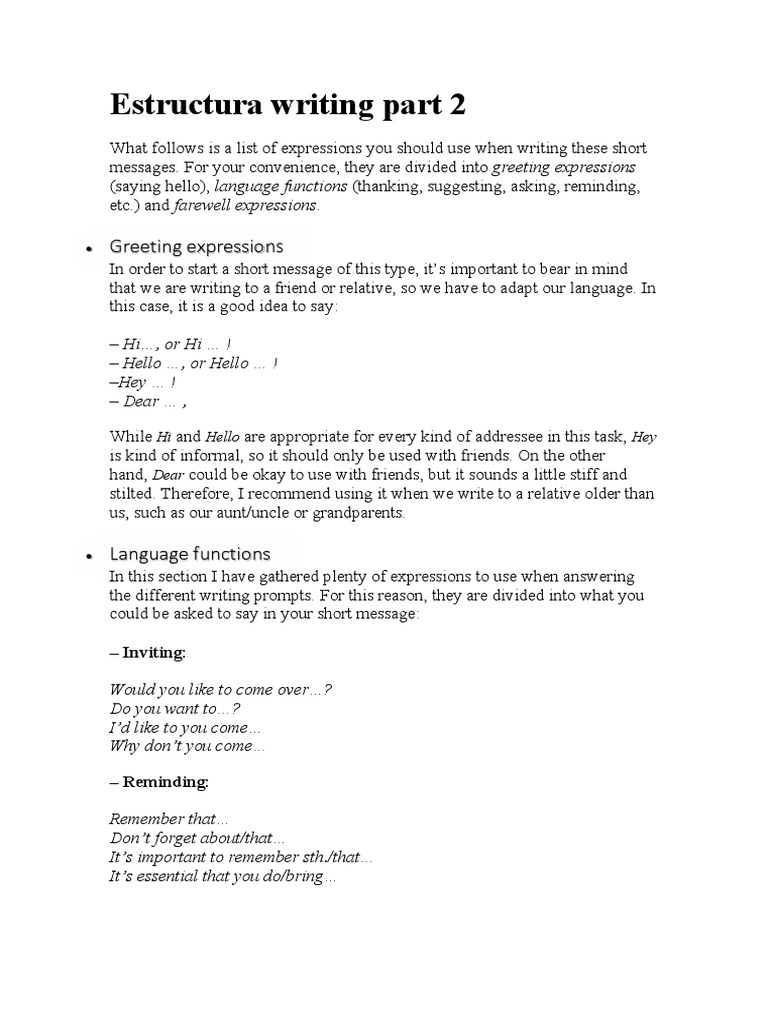Estructura Writing Part 2 | PDF