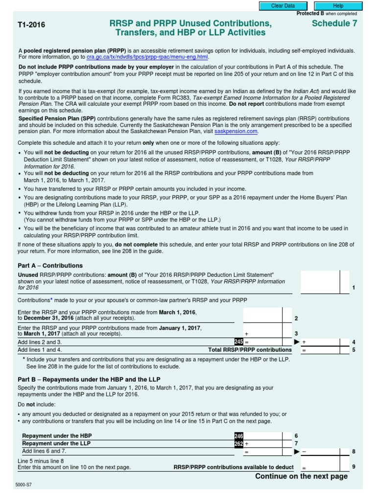 T1 Schedule 7 Rrsp And Prpp Unused Contributions Transfers And Hbp Or Llp Activities Pdf Pension Government Finances