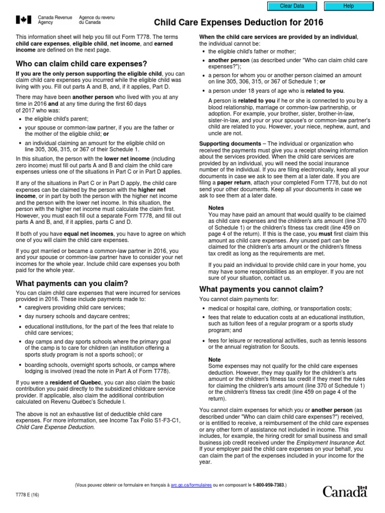 T778 Child Care Expenses Deduction PDF Child Care Relationships