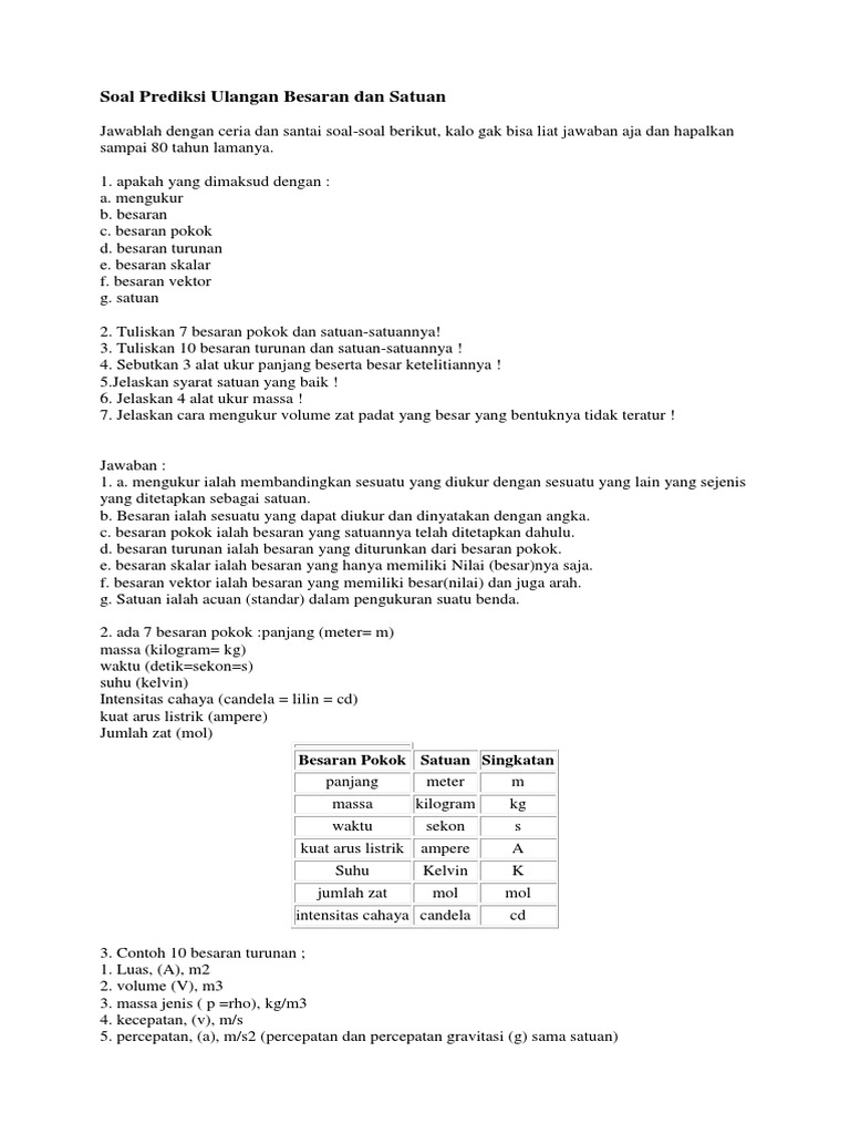 Soal Essay Ulangan Besaran Dan Satuan