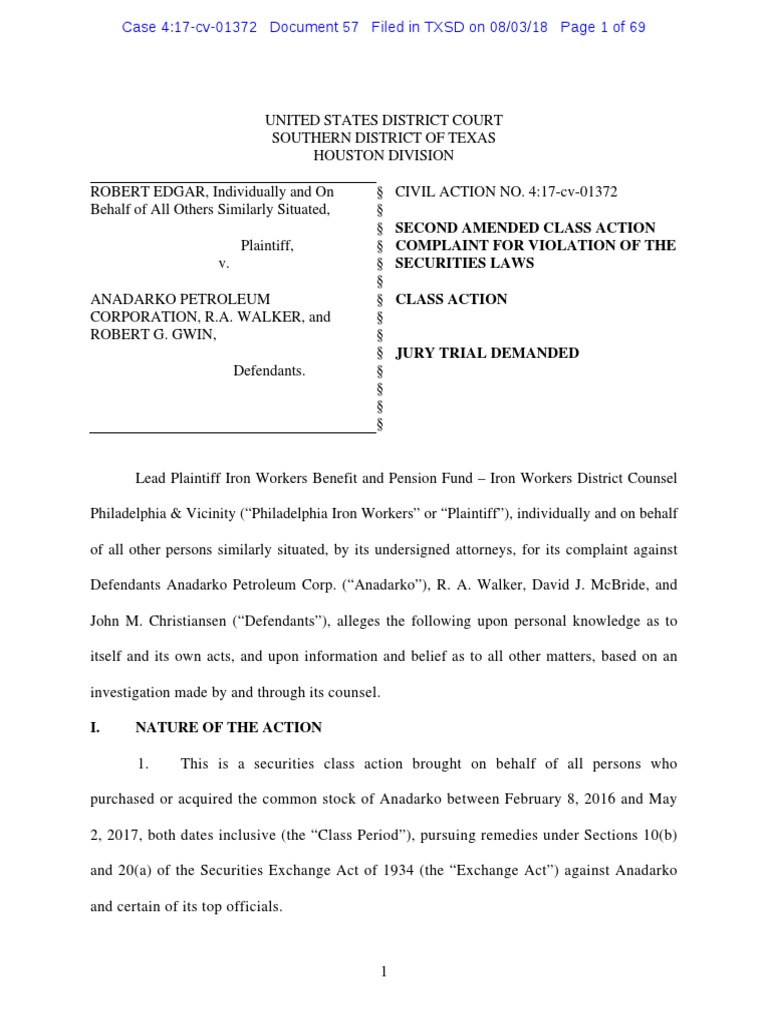 Anadarko Investor Lawsuit PDF Natural Gas Oil Refinery