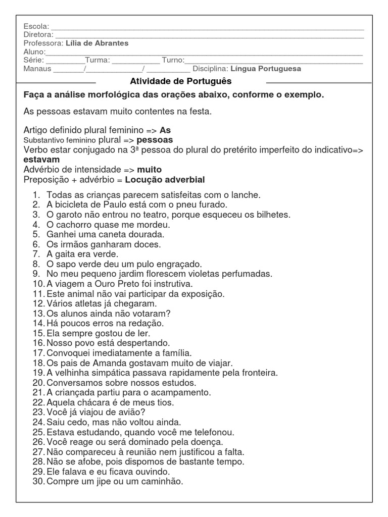 Análise Morfológica e Sintática de Frases | PDF | Morfologia ...