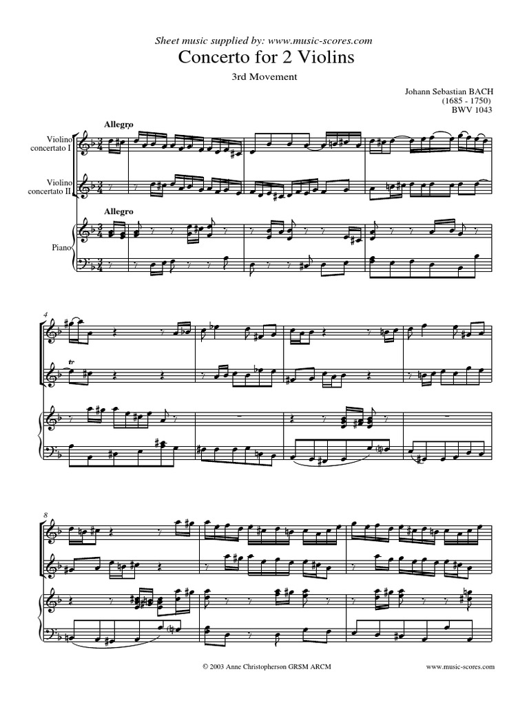 Bach - Concerto For 2 Violins in D, BWV 1043, Violin 1 2, Piano 3 ...