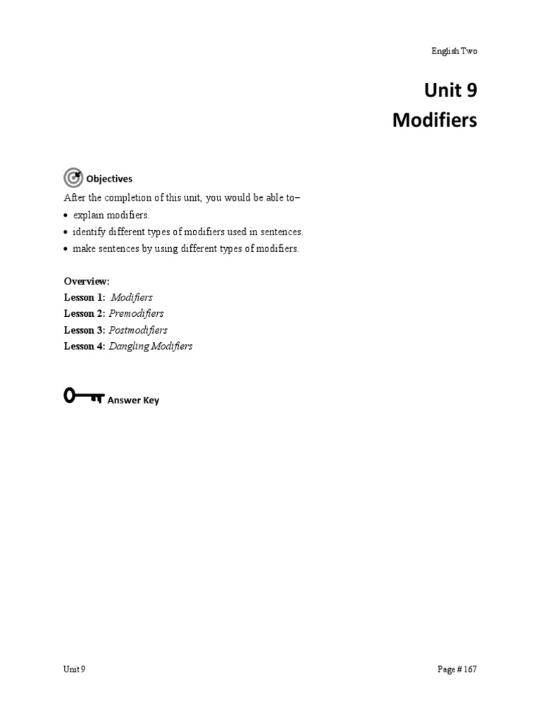 Unit 9 Modifiers: Objectives | PDF | Elvis Presley | Sentence (Linguistics)