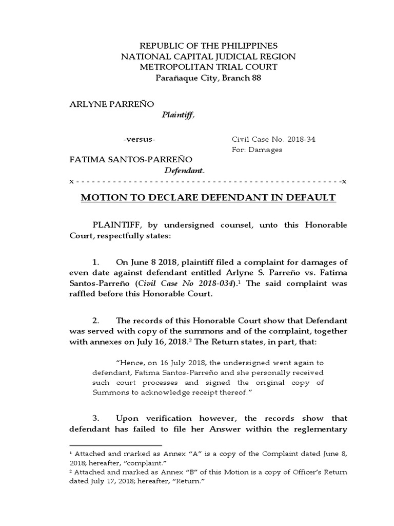 Motion To Declare Defendant in Default Plaintiff PDF Complaint