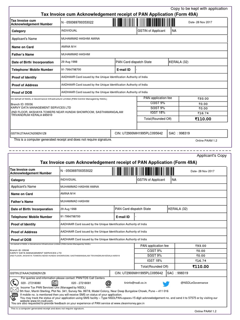 Tax Invoice Cum Acknowledgement Receipt of PAN Application (Form 49A ...