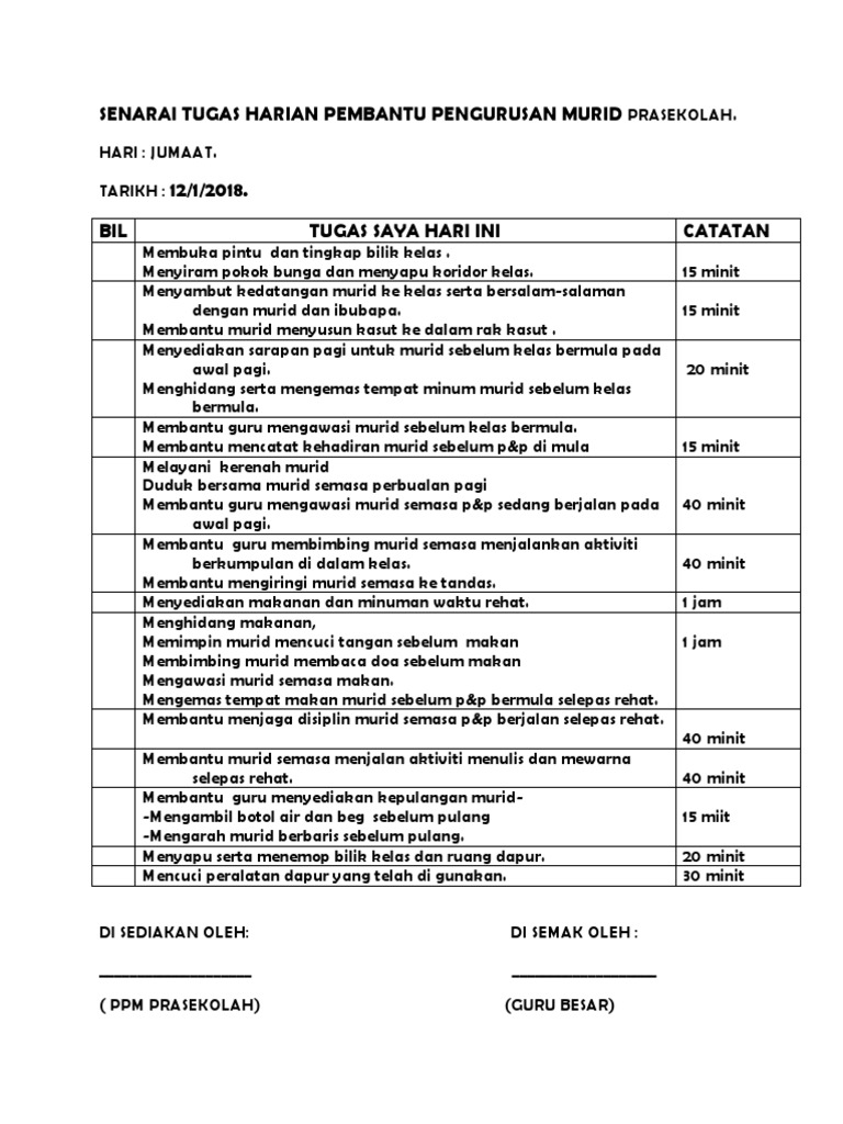 Senarai Tugas Harian Pembantu Pengurusan Murid Prasekolah Pdf