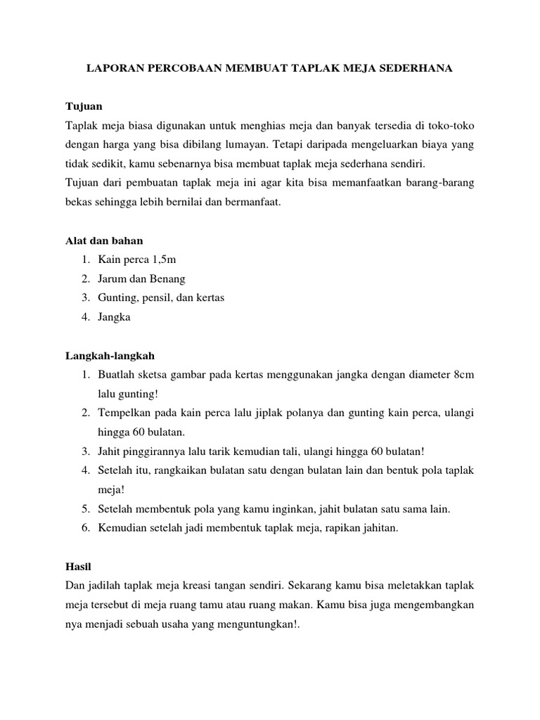 Laporan Percobaan Membuat Taplak Meja Sederhana | PDF