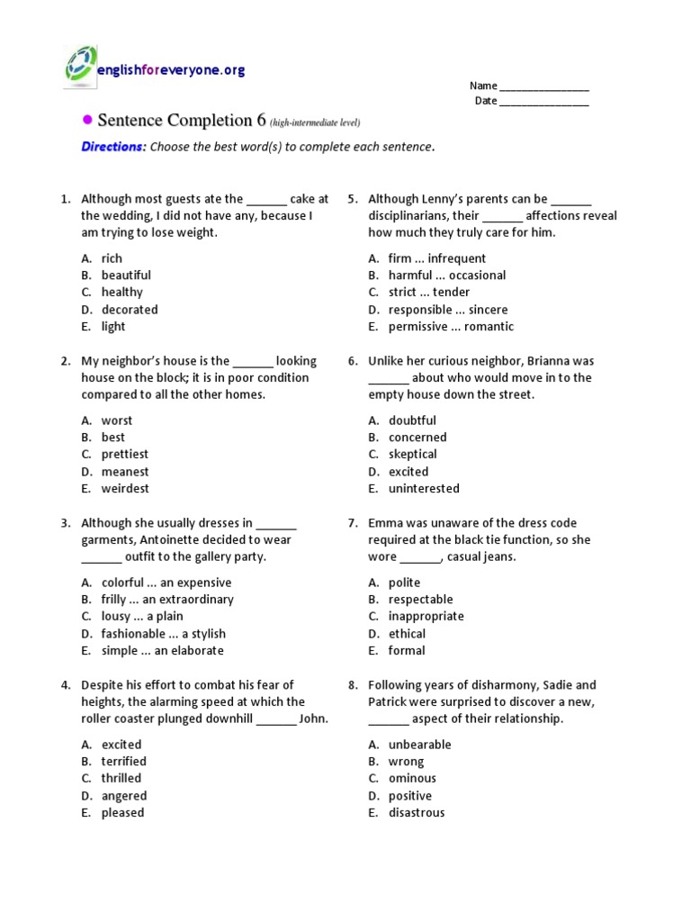 Sentence Completion Practice Test | PDF | Clothing