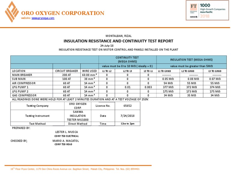 Insulation Test Report for Oro Oxygen Corp | PDF | Insulator ...