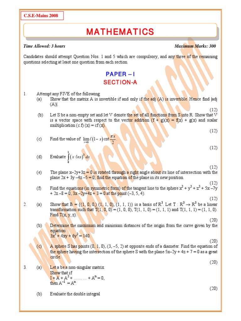 Mathematics Exam Paper Overview | PDF | Differential Geometry ...