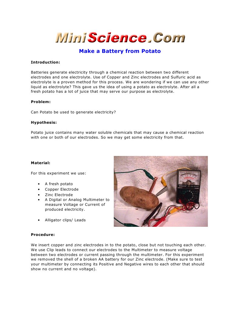 Potato Battery Experiment Guide | PDF | Electricity | Electrolyte