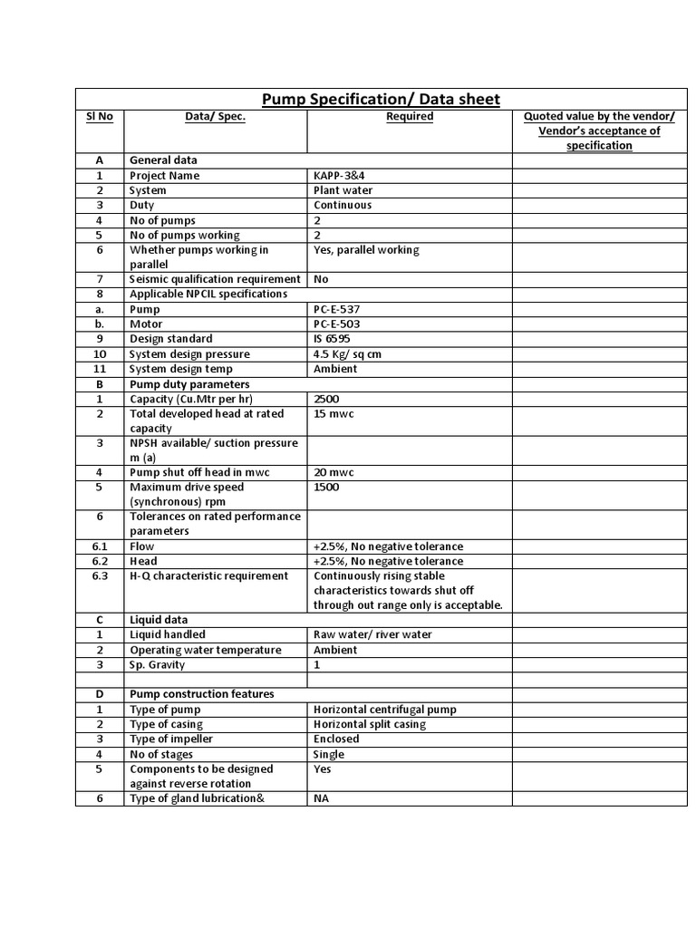 Pump Specification Data Sheet PDF Pump Gas Technologies