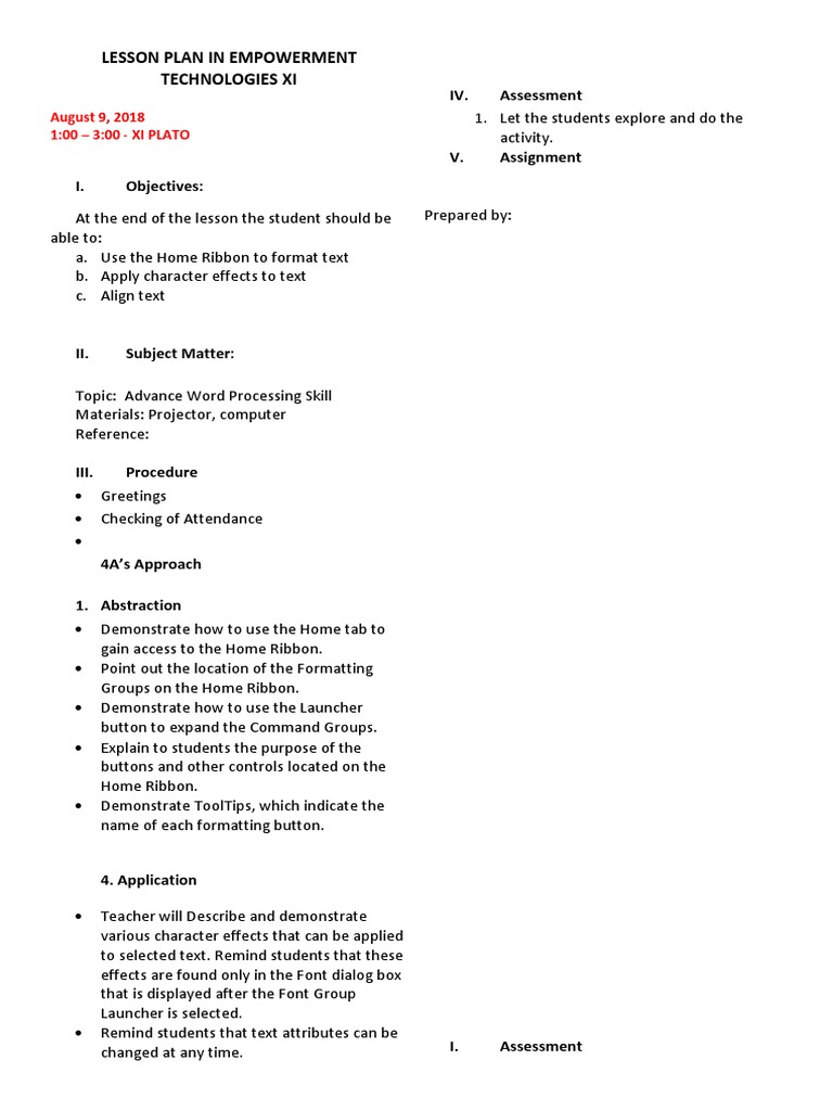 Lesson Plan in Empowerment Technologies Xi: IV. Assessment | PDF | Art ...