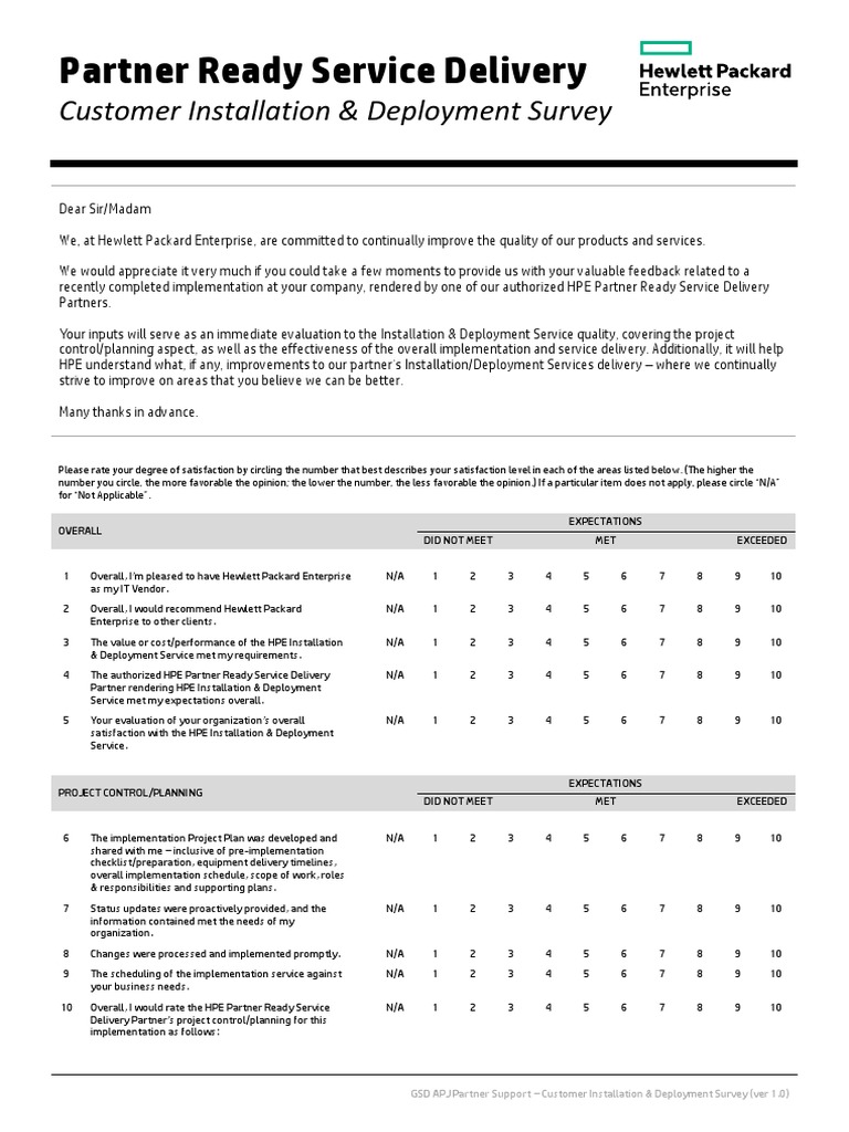 HPE Installation & Deployment Survey | PDF | Business