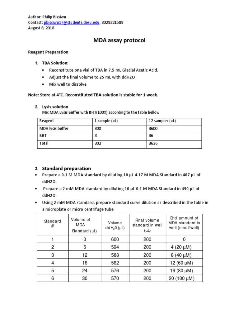 MDA Assay Protocol and Calculation Guide | PDF | Buffer Solution ...