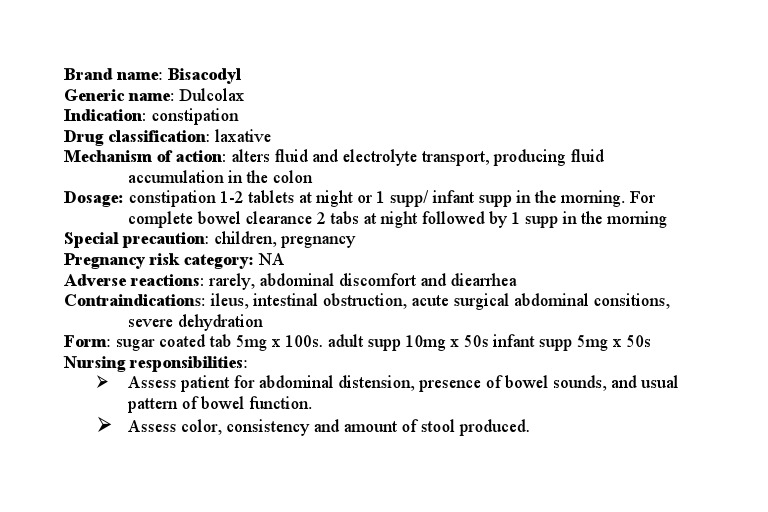 Drug Study Bisacodyl (Dulcolax)