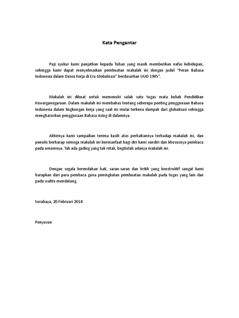Kata Pengantar Makalah Bahasa Indonesia - Untaian Kata 2019