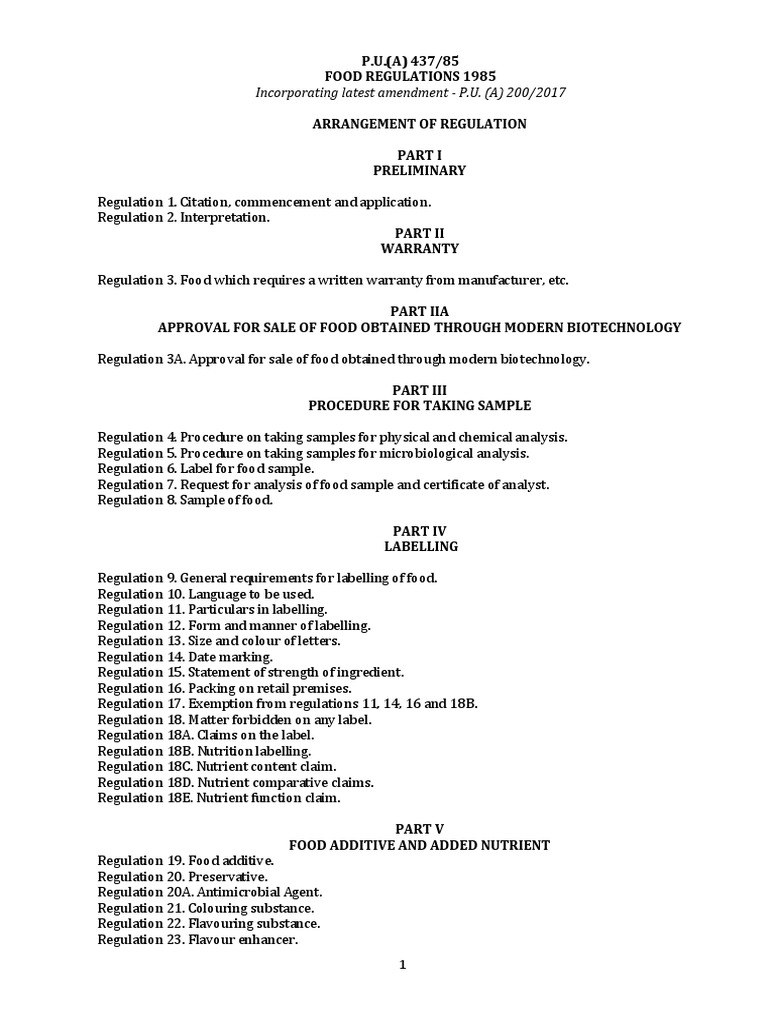 Malaysia Food Regulations 1985 Overview | PDF | Cooking Oil | Vegetable Oil