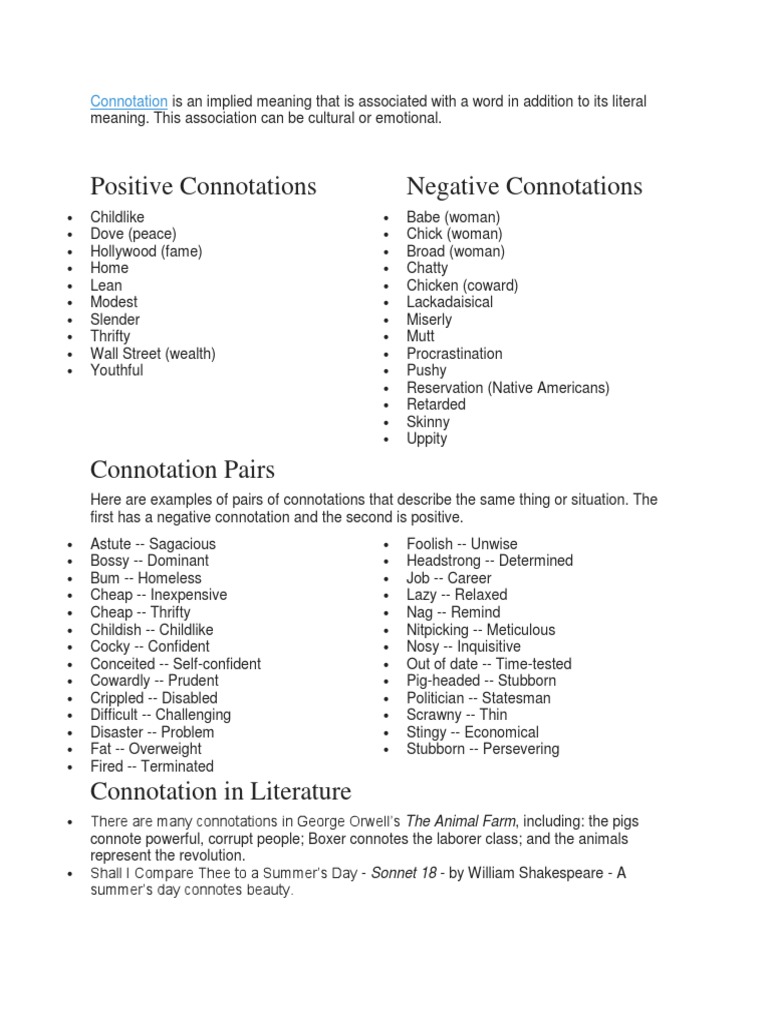 Positive Connotations Negative Connotations Connotation PDF