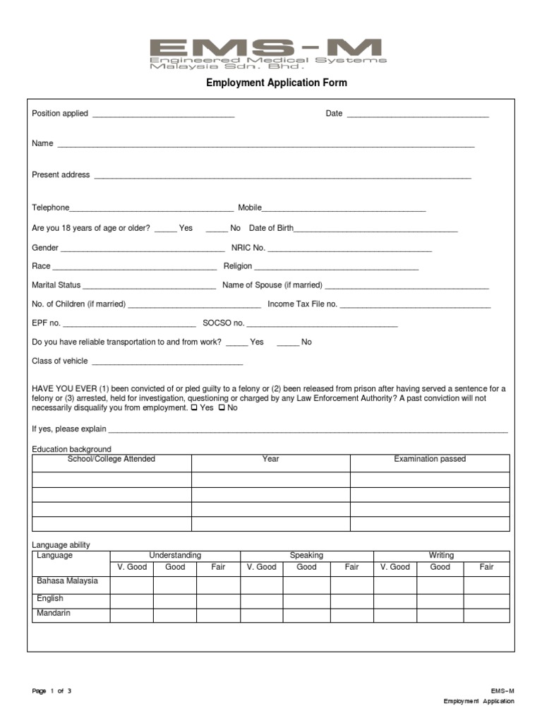 EMS-M Employment Application Form | PDF | At Will Employment | Employment