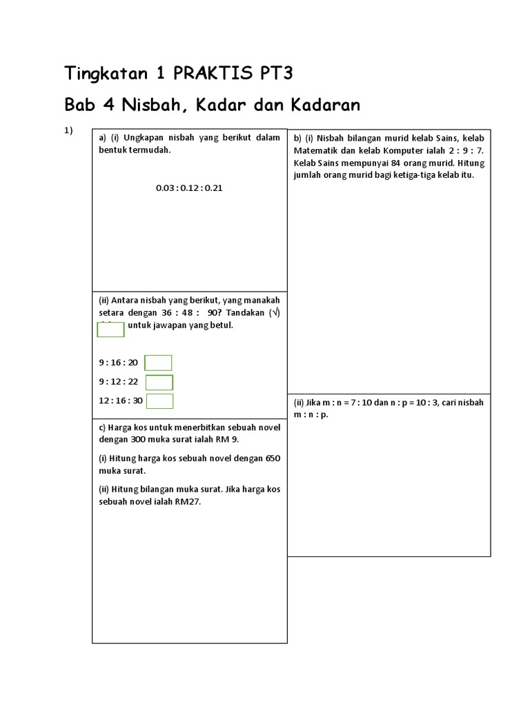Tingkatan 1 Bab 4 Nisbah Kadar Dan Kadaran Praktis Pt3 Pdf