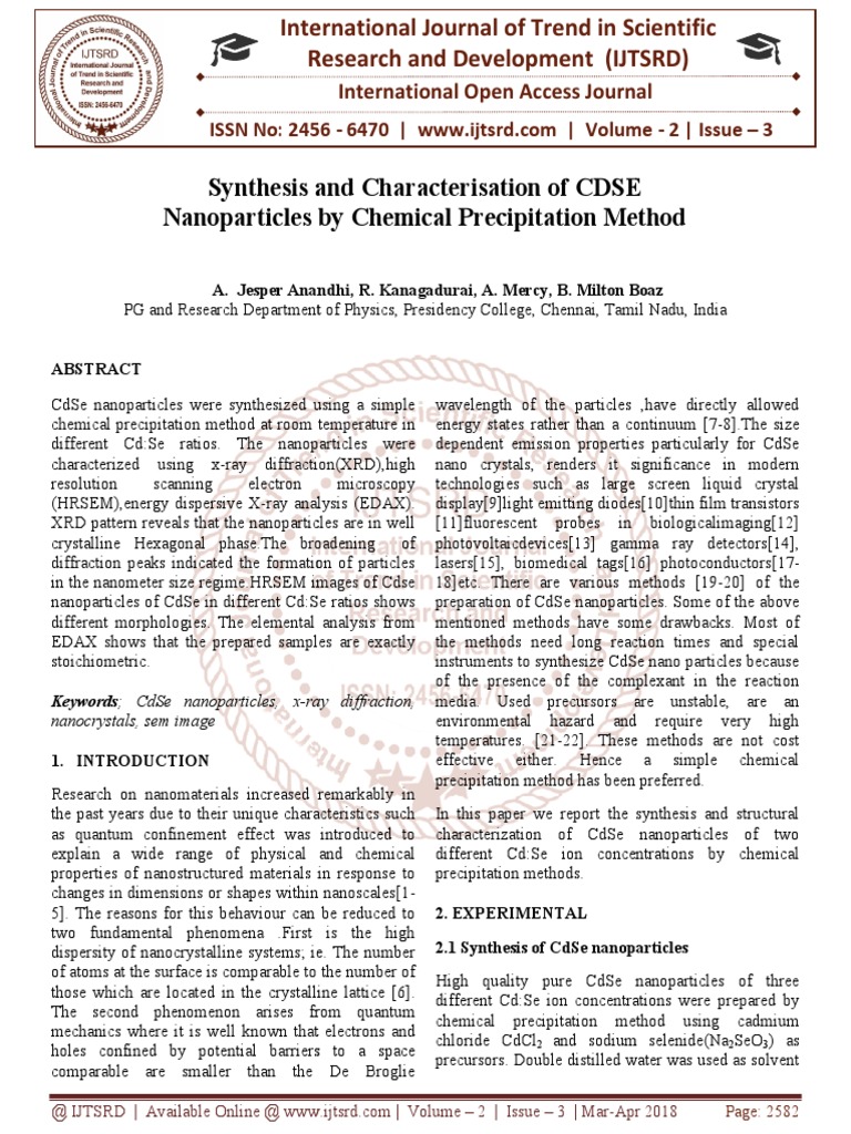 Synthesis and Characterisation of CDSE Nanoparticles by Chemical ...