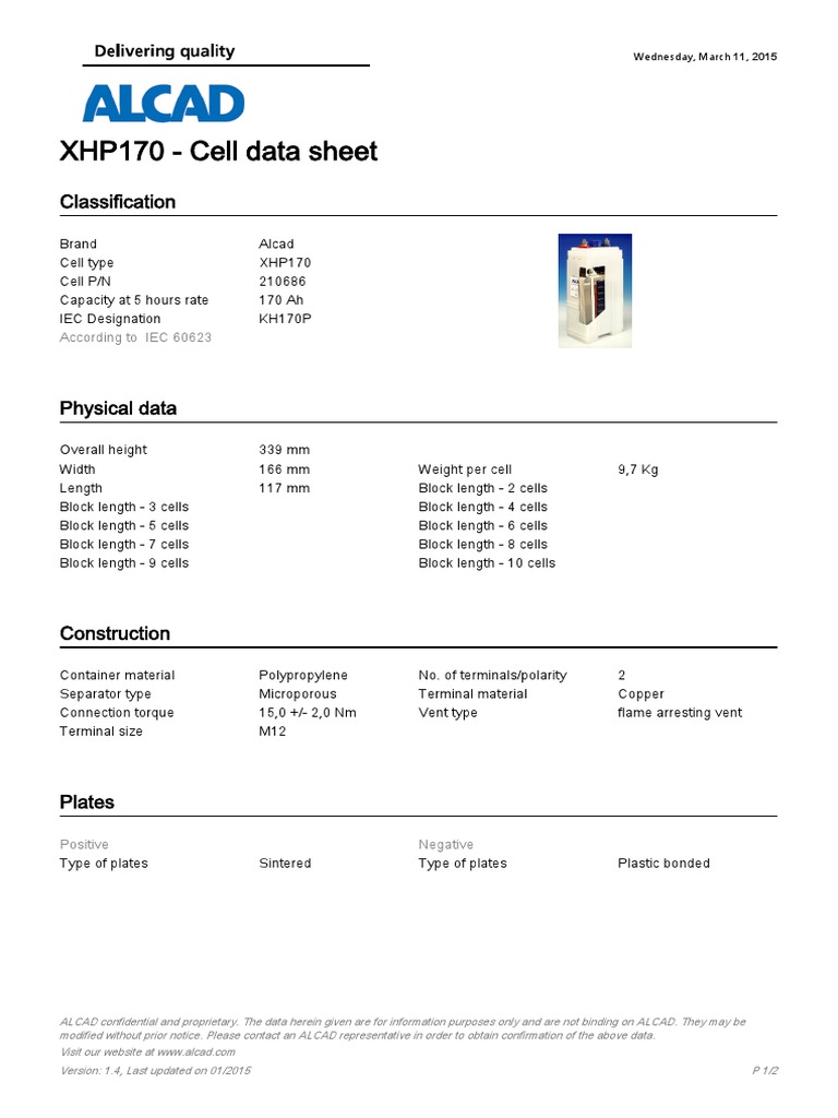 XHP170 Cell Data Sheet V1.4 PDF Electricity