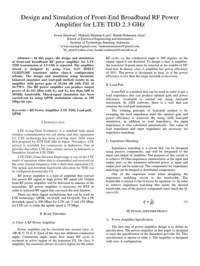 Design and Simulation of a Broadband ClassA RF Power Amplifier for 2.3