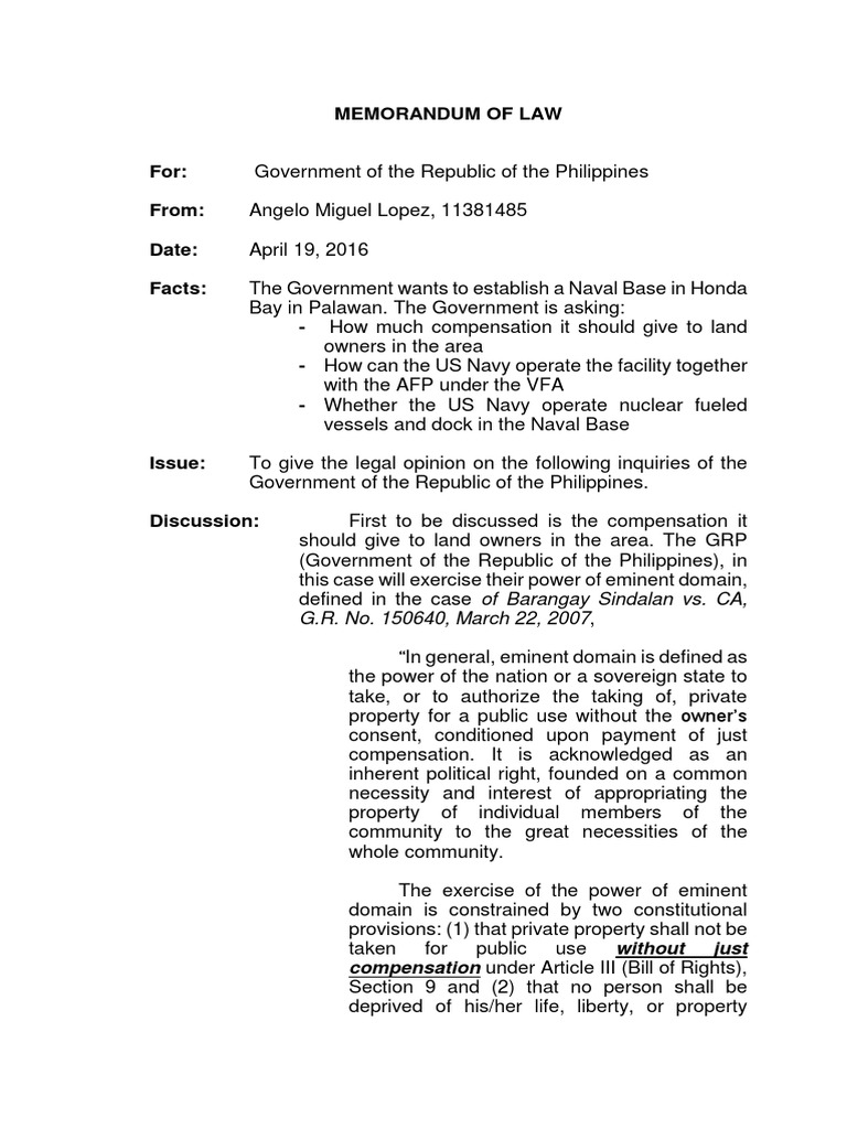 Legal Memo For Just Compensation PDF Just Compensation Eminent Domain